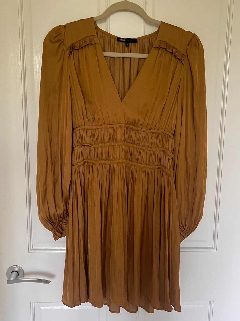 Maje Golden Long-Sleeve V-Neck Smocked Waist Dress